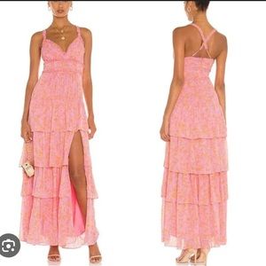 NWT LIKELY Athena Floral Pink Multi Sleeveless Tiered High Slit Maxi Dress